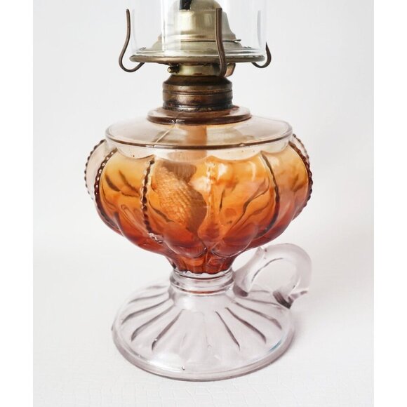 Antique Amber Glass Finger Oil Lamp Tall Chimney - Picture 5 of 8